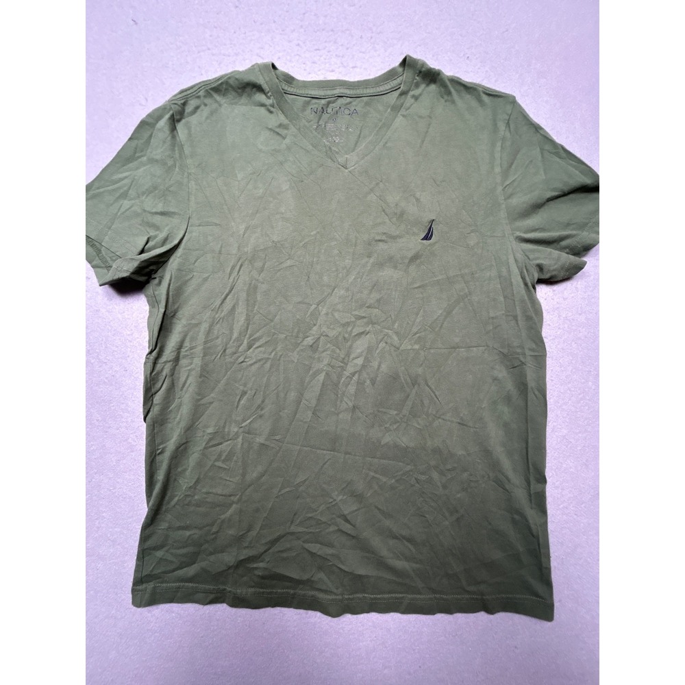 Nautica V-Neck T-Shirt Cotton Jersey Olive Green Medium Mens